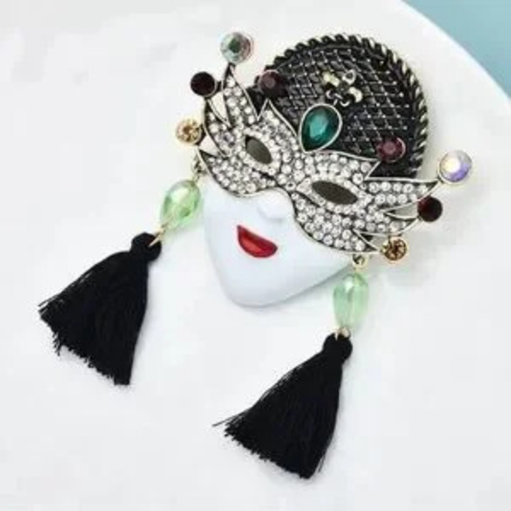 Crystal Masquerade Face Brooch with Black Tassels - Elegant Women's Jewelry